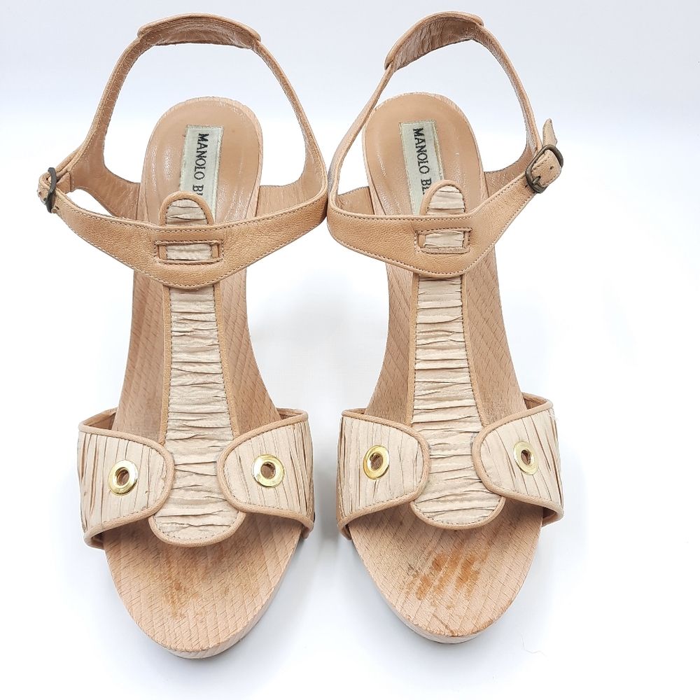 MANOLO BLAHNIK Y2K Wood Platform Sandal Heel Bohemian Coquette 70s Tan 37 EU - Picture 11 of 14